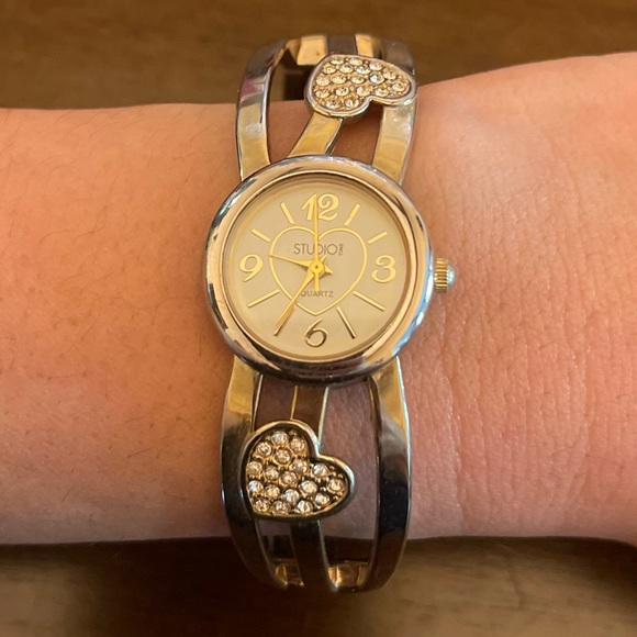 studio time Jewelry - Studio Time Heart Rhinestone Bangle Wrist Watch Quartz New Battery Works